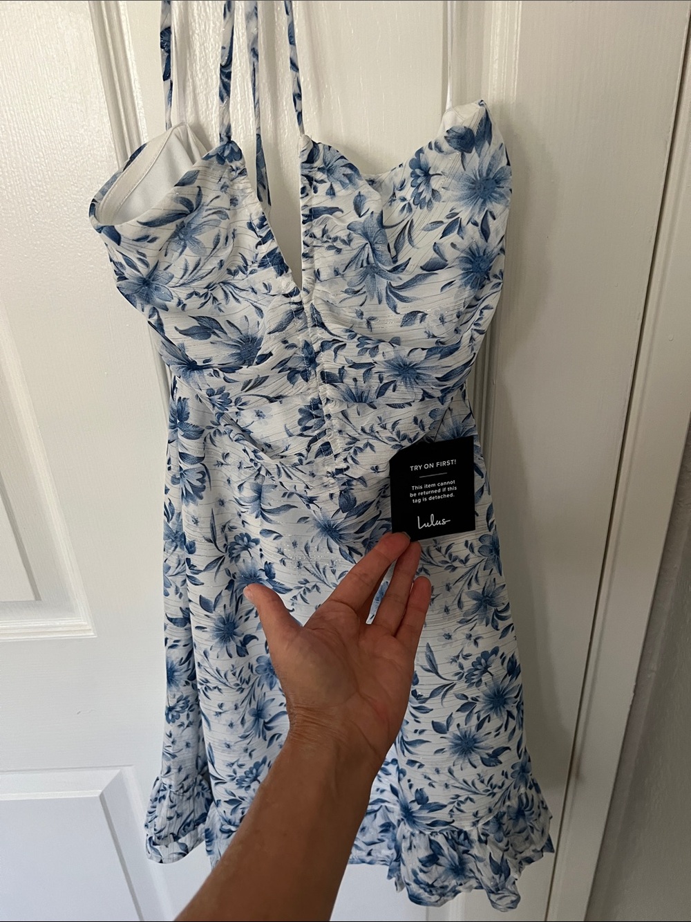 Lulu's White Mini Dress with Blue Floral Pattern